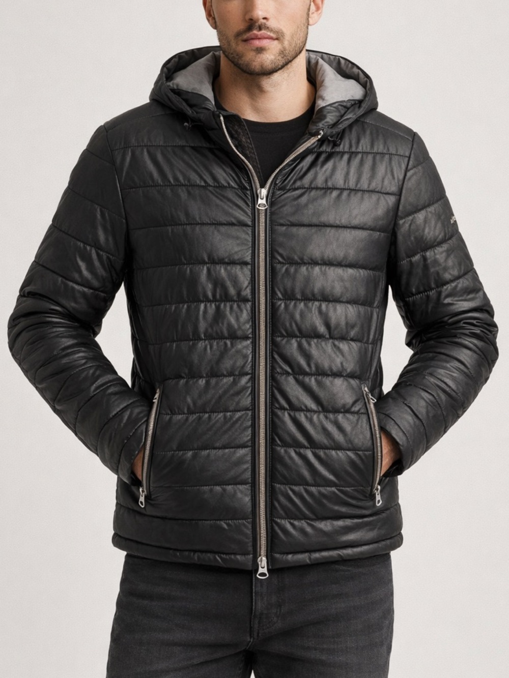 Armani Jeans AJ Black Faux Leather Quilted Puffer Hooded Jacket
